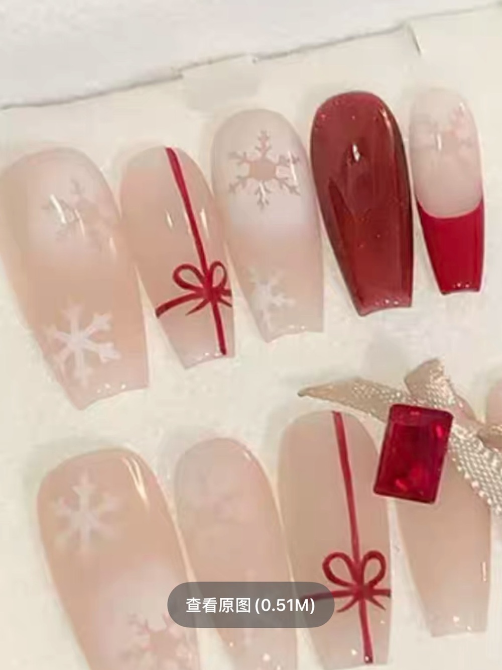 Hand made Red Bow Press-On Nails - Snowflake Accent